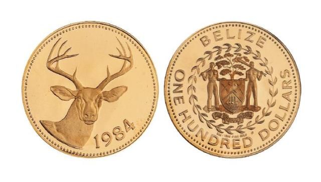 1984年伯利兹鹿头图100伯利兹元纪念金币