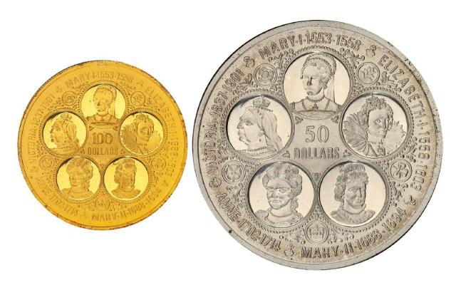 1975年英属开曼群岛发行六女王像纪念币二枚套装