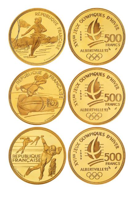 1989-1990年法国发行第16届冬季奥林匹克运动会纪念金币三枚