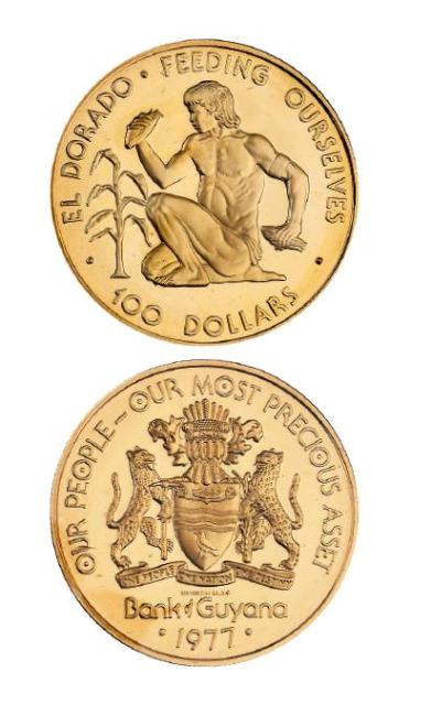1977年圭亚那黄金国首领埃尔多拉多像100圭亚那元纪念金币
