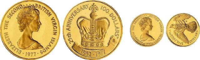 1977、1983年英属维尔京群岛发行女王伊丽莎白二世像纪念金币各一枚