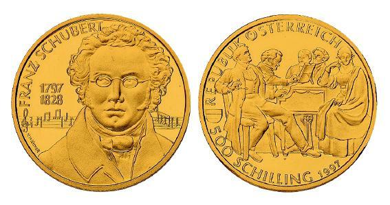 1997年奥地利著名作曲家弗朗茨·舒伯特像500先令纪念金币