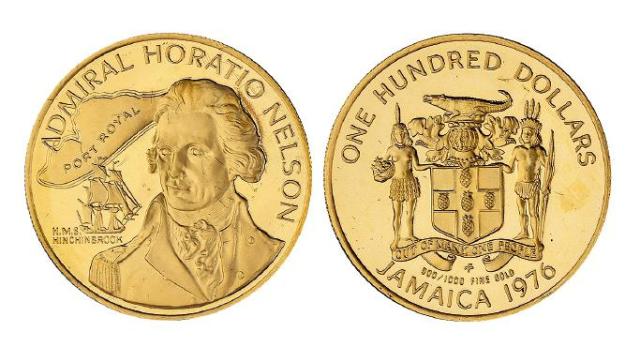 1976年牙买加发行英国海军将领霍雷肖·纳尔逊像纪念100牙买加元金币