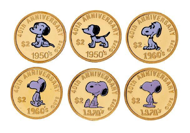 1990年库克群岛发行史努比诞辰四十周年2库克群岛元彩色纪念金币六枚套装