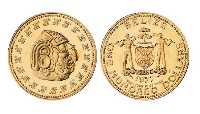 1977年伯利兹玛雅遗迹图100伯利兹元纪念金币