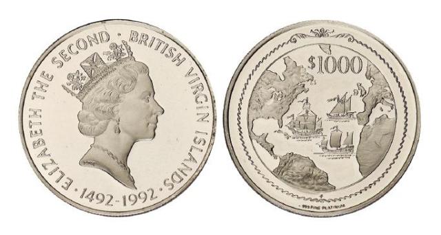 1992年英属维尔京群岛发行哥伦布发现美洲大陆五百周年纪念1000美元铂金币