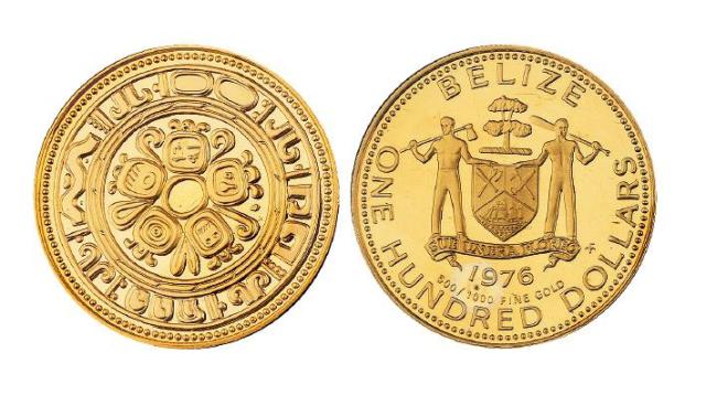 1976年伯利兹玛雅遗迹图100伯利兹元纪念金币