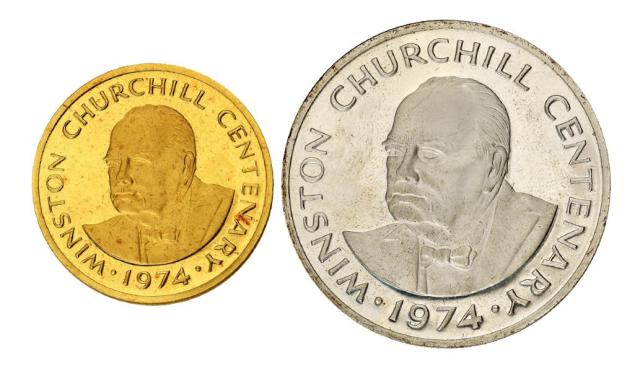1974年英属特克斯和凯科斯群岛发行温斯顿·丘吉尔诞辰一百周年金银纪念币二枚套装