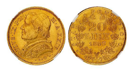 1869年意大利教皇国发行教皇庇护九世像20里拉纪念金币/NGC MS64