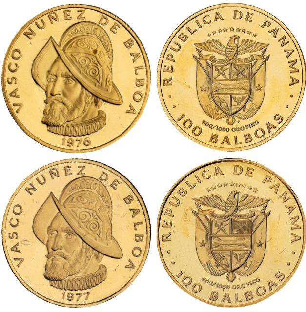 1976、1977年巴拿马发行西班牙探险家巴尔沃亚像100巴波亚纪念金币各一枚