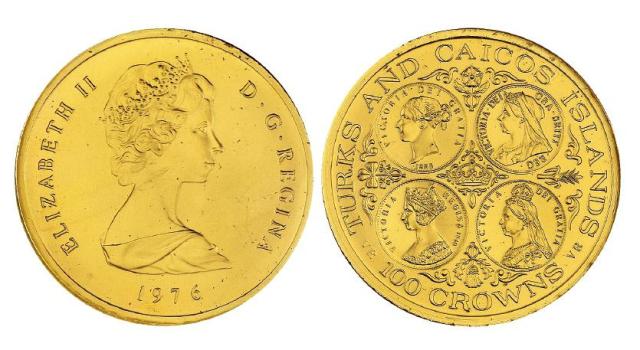 1976年英属特克斯和凯科斯群岛发行女王维多利亚四时期像100克朗纪念金币