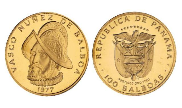 1977年巴拿马发行西班牙探险家巴尔沃亚像100巴波亚纪念金币