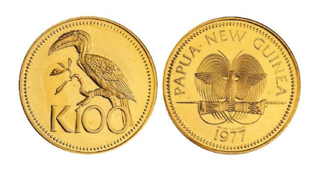 1977年巴布亚新几内亚犀鸟图100基纳纪念金币